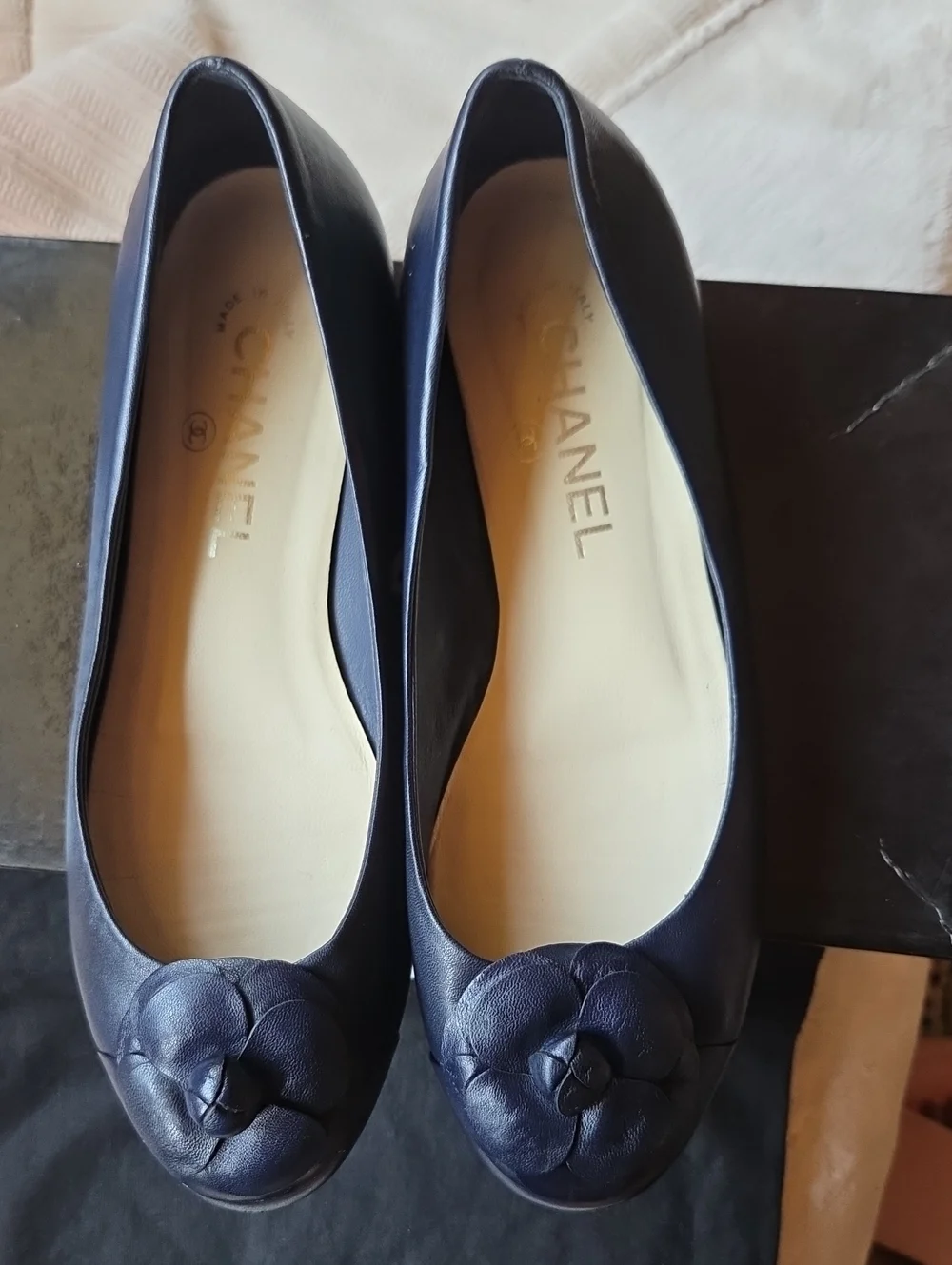 CHANEL Navy Leather Camellia Ballet Flats